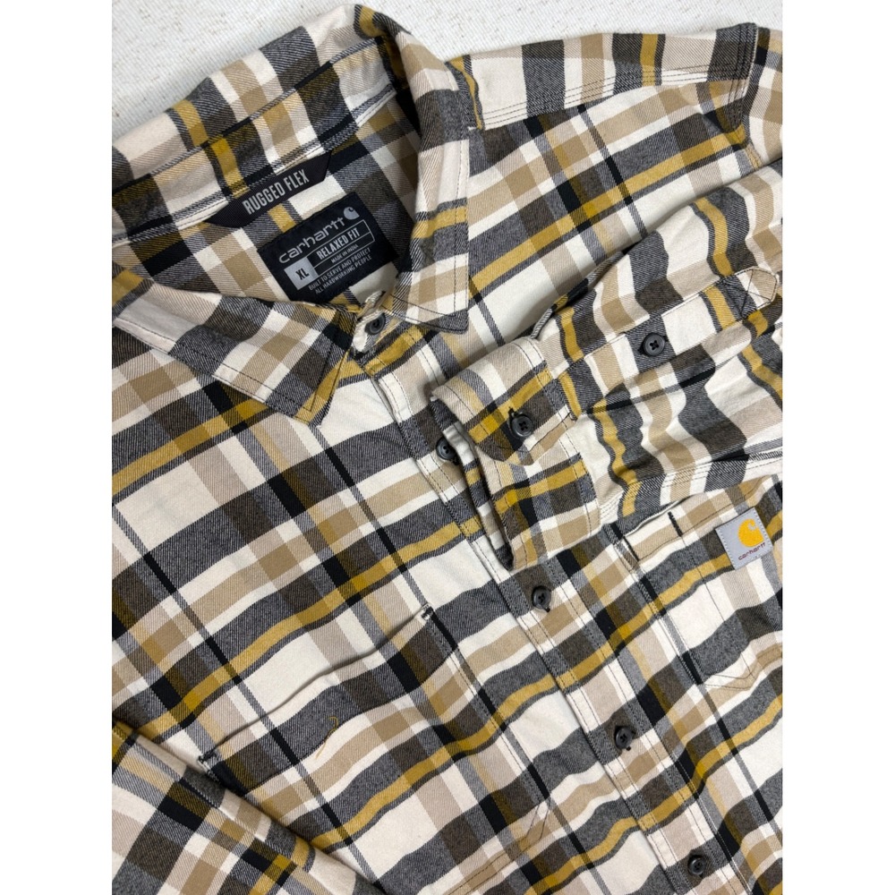 Carhartt Rugged Flex Mens XL Relaxed Fit Plaid Flannel Shirt Tan Yellow TW5945-M